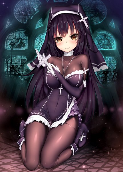 Anime picture 1150x1600 with original dk.senie single long hair tall image looking at viewer blush fringe breasts light erotic black hair smile large breasts holding brown eyes full body bent knee (knees) sparkle thighs kneeling