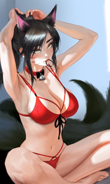 Anime picture 1106x1859 with league of legends ahri (league of legends) emirp199 single long hair tall image looking at viewer blush fringe breasts light erotic black hair hair between eyes large breasts sitting holding signed animal ears yellow eyes payot