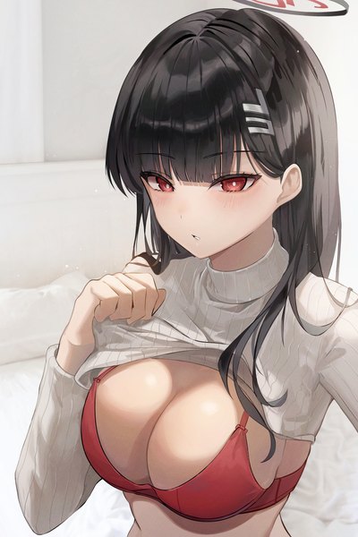 Anime picture 2667x4000 with blue archive rio (blue archive) jaduade single long hair tall image looking at viewer fringe highres breasts light erotic black hair red eyes large breasts cleavage upper body long sleeves parted lips sweater lift girl