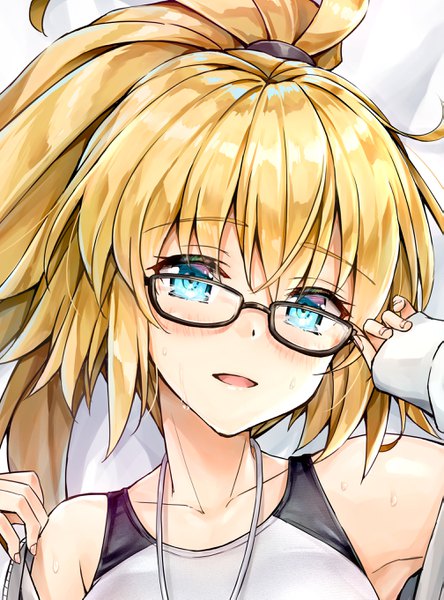 Anime picture 2014x2721 with fate (series) fate/grand order jeanne d'arc (fate) (all) jeanne d'arc (swimsuit archer) kotatsu (kotatsu358) single long hair tall image looking at viewer blush fringe highres open mouth blonde hair hair between eyes bare shoulders ponytail lying long sleeves aqua eyes