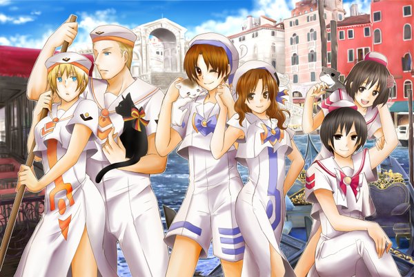 Anime picture 1600x1071 with axis powers hetalia aria studio deen japan (hetalia) germany (hetalia) north italy (hetalia) short hair open mouth blue eyes black hair blonde hair smile brown hair standing sitting multiple girls holding brown eyes sky cloud (clouds)