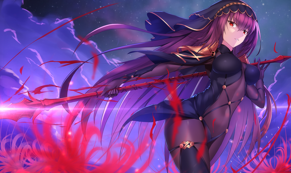 Anime picture 2200x1312 with fate (series) fate/grand order scathach (fate) (all) scathach (fate) feng mouren single looking at viewer fringe highres breasts light erotic hair between eyes red eyes wide image large breasts standing holding purple hair outdoors very long hair