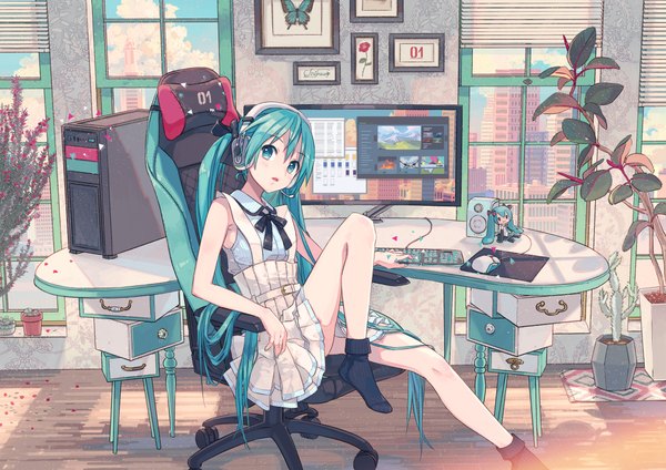 Anime picture 2240x1584 with vocaloid hatsune miku ixima single looking at viewer fringe highres open mouth hair between eyes sitting bent knee (knees) indoors very long hair aqua eyes aqua hair no shoes girl dress ribbon (ribbons) plant (plants)