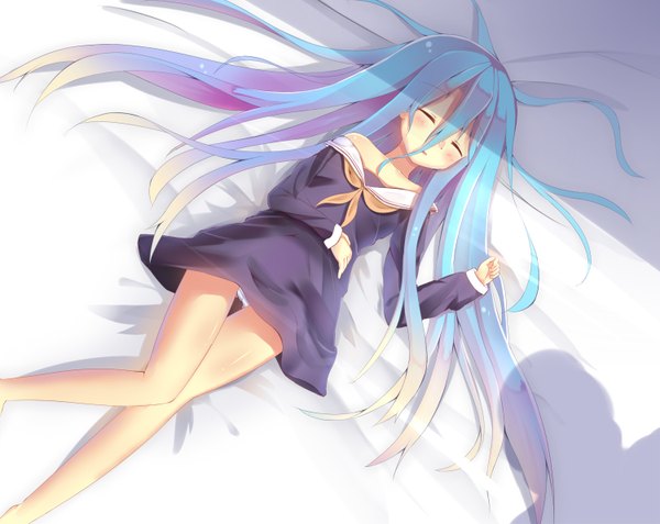Anime picture 1500x1194 with no game no life madhouse shiro (no game no life) papurikato single long hair blush fringe light erotic hair between eyes bare shoulders bent knee (knees) lying eyes closed multicolored hair from above shadow on back legs girl