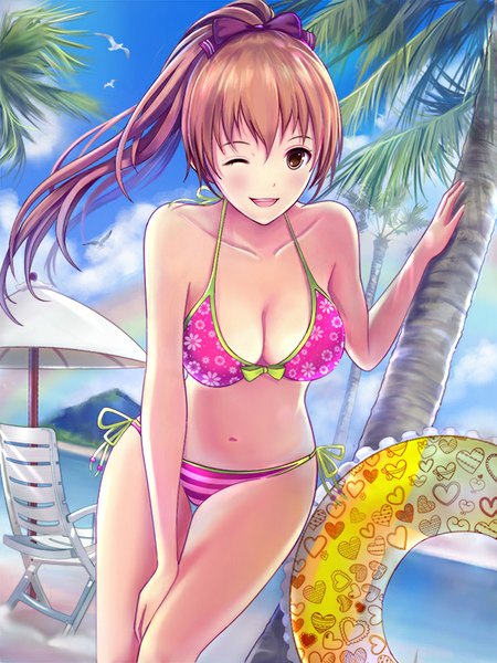 Anime picture 600x800 with original dorakyura single long hair tall image looking at viewer fringe breasts open mouth light erotic smile brown hair large breasts bare shoulders brown eyes sky cloud (clouds) one eye closed wink sunlight