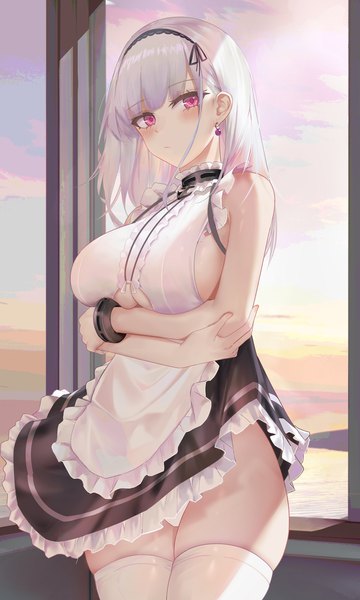 Anime picture 2700x4500 with azur lane dido (azur lane) ru zhai single long hair tall image looking at viewer blush fringe highres breasts light erotic large breasts standing bare shoulders sky silver hair cloud (clouds) indoors blunt bangs