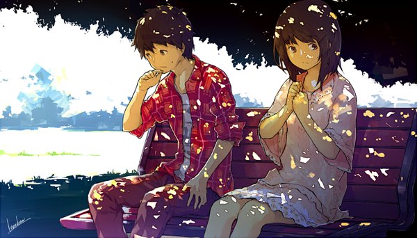 Anime picture 1400x800 with original loundraw short hair brown hair wide image sitting brown eyes signed looking away sunlight open clothes shadow open shirt couple girl dress boy plant (plants) shirt tree (trees)