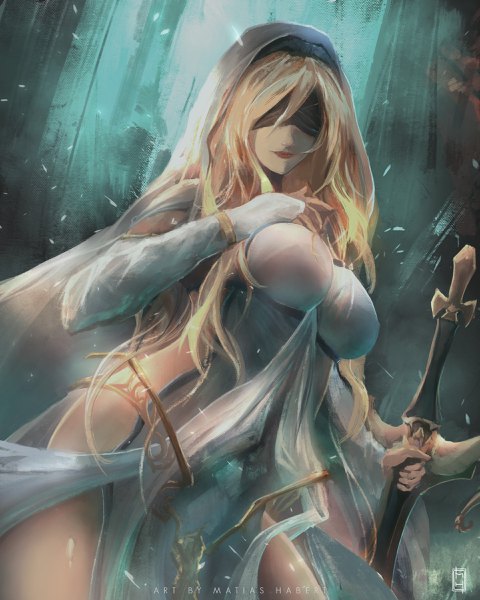 Anime picture 1920x2400 with goblin slayer! sword maiden matias54 single long hair tall image fringe highres breasts light erotic blonde hair large breasts standing holding signed light smile lipstick hand on chest light side slit