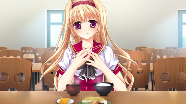 Anime picture 1024x576 with fortuna rhapsody long hair blonde hair wide image game cg pink eyes girl uniform school uniform food hairband