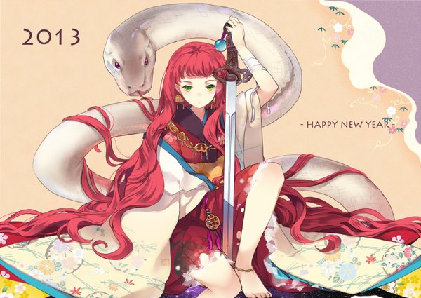 Anime picture 1500x1064 with twelve kingdoms nakajima youko yukizakura (neon-neon) looking at viewer fringe green eyes red hair very long hair japanese clothes barefoot inscription new year happy new year 2013 girl weapon earrings sword bracelet jewelry