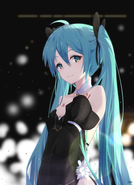 Anime picture 1240x1713 with vocaloid hatsune miku zhayin-san single tall image looking at viewer fringe breasts blue eyes hair between eyes standing twintails bare shoulders signed cleavage upper body ahoge long sleeves very long hair head tilt