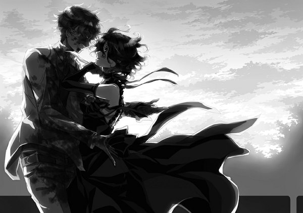 Anime picture 1024x723 with baccano! chane laforet claire stanfield ta eiko short hair open mouth bare shoulders sky cloud (clouds) eyes closed profile wind hug monochrome laughing girl dress boy gloves ribbon (ribbons)