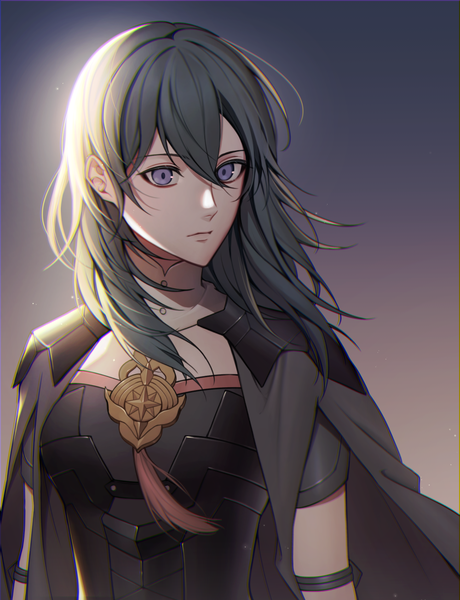 Anime picture 1000x1303 with fire emblem fire emblem: three houses nintendo byleth (fire emblem) mohazzing single long hair tall image fringe black hair simple background hair between eyes purple eyes looking away upper body girl