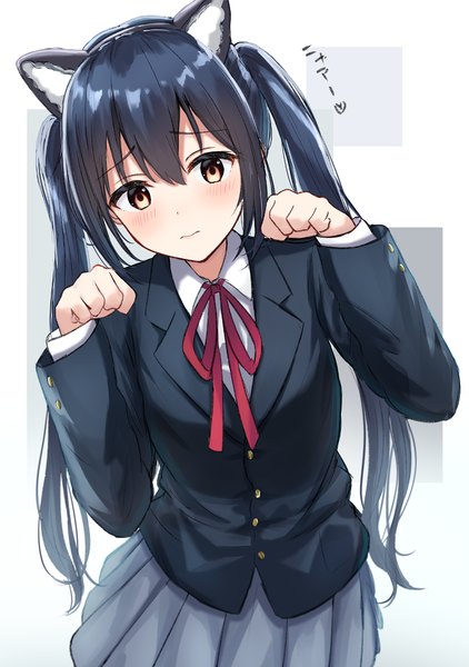 Anime picture 774x1100 with k-on! kyoto animation nakano azusa burenbo single long hair tall image looking at viewer blush fringe breasts black hair simple background hair between eyes standing twintails brown eyes signed animal ears payot