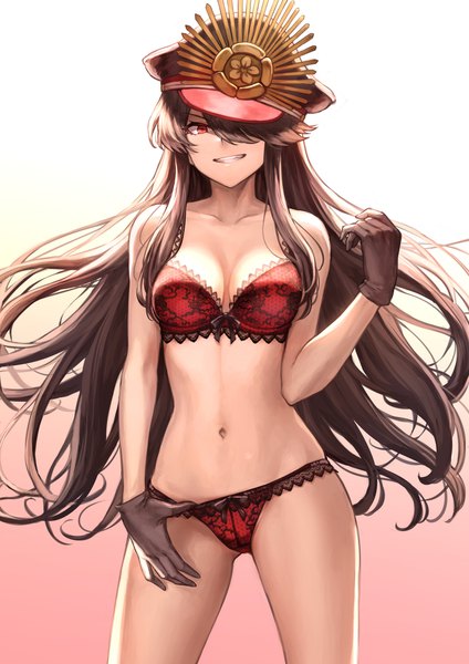 Anime picture 1302x1842 with fate (series) fate/grand order oda nobunaga (fate) (all) oda nobunaga (fate) mashuu (neko no oyashiro) single long hair tall image looking at viewer fringe breasts light erotic simple background smile red eyes brown hair standing payot cleavage hair over one eye