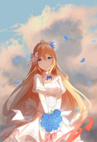 Anime picture 2031x2952 with warship girls r saratoga (warship girls r) lingmuqianyi single long hair tall image looking at viewer blush fringe highres blue eyes blonde hair smile hair between eyes holding sky cloud (clouds) sunlight blurry wide sleeves