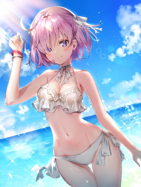 Anime picture 992x1312 with fate (series) fate/grand order mash kyrielight rity single tall image looking at viewer blush fringe short hair light erotic smile purple eyes pink hair sky cloud (clouds) ahoge outdoors hair over one eye sparkle