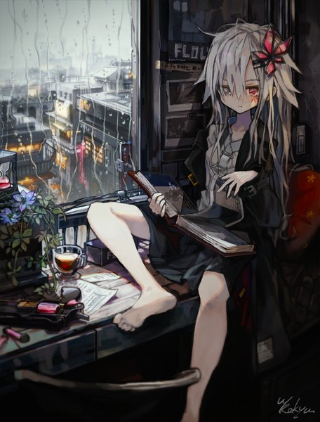 Anime picture 1598x2100 with original scyze single long hair tall image fringe hair between eyes sitting holding signed full body indoors pink eyes barefoot grey hair bare legs grey eyes heterochromia facial mark looking down