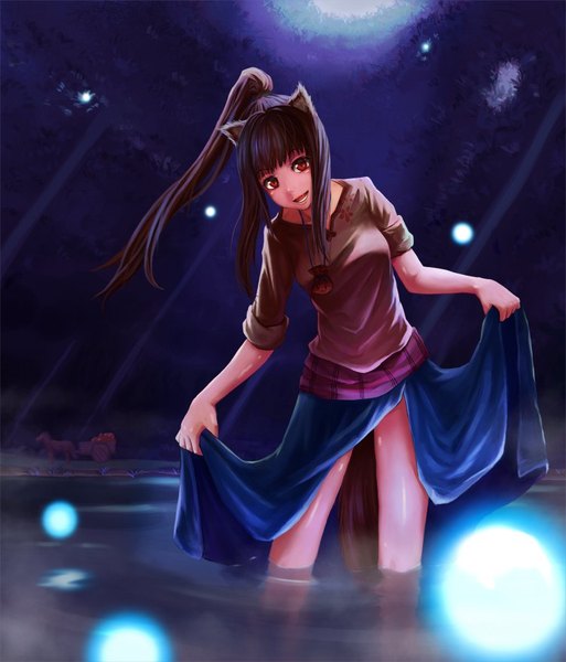Anime picture 750x877 with spice and wolf horo atorosu single long hair tall image looking at viewer fringe open mouth red eyes brown hair standing holding animal ears payot ponytail tail animal tail night partially submerged
