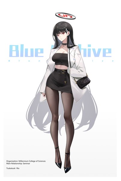 Anime picture 4567x6803 with blue archive rio (blue archive) fangdatou er buxihuanhuadatou single tall image looking at viewer fringe highres breasts black hair simple background red eyes standing white background absurdres cleavage full body blunt bangs long sleeves very long hair