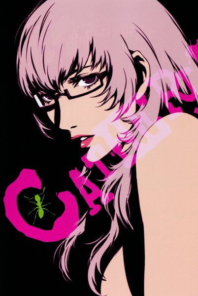 Anime picture 1200x1788 with catherine (game) katherine mcbride single long hair tall image open mouth simple background pink hair black eyes inscription black background girl glasses insect