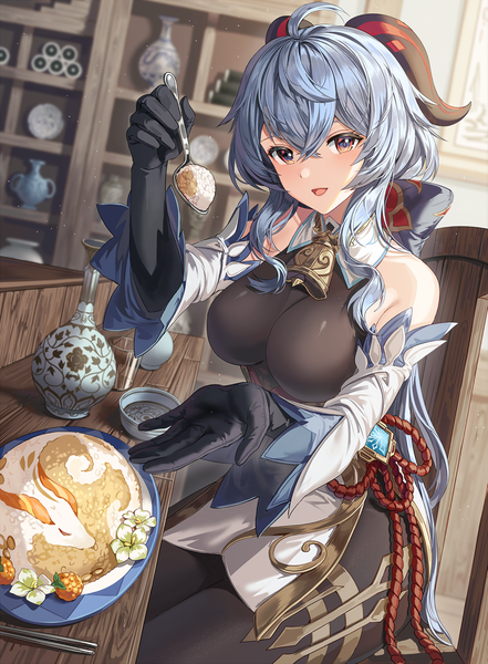 Anime picture 800x1088 with genshin impact ganyu (genshin impact) silence girl single long hair tall image looking at viewer fringe breasts open mouth hair between eyes red eyes large breasts sitting blue hair ahoge indoors :d horn (horns) low ponytail
