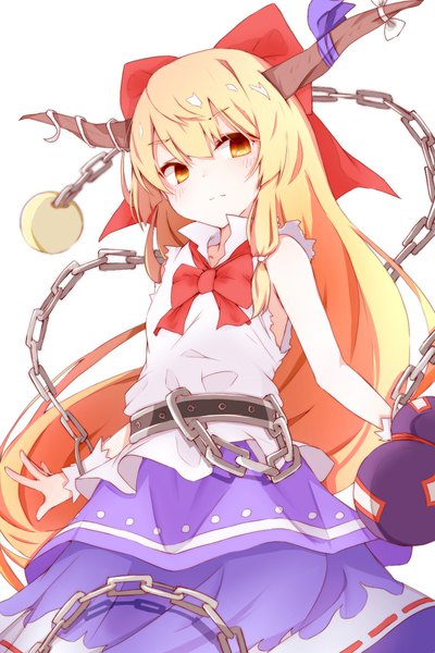 Anime-Bild 800x1200 mit touhou immaterial and missing power ibuki suika nankotsu single tall image simple background blonde hair white background yellow eyes very long hair horn (horns) from below sleeveless girl bow hair bow bowtie chain