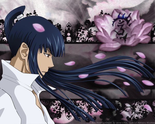 Anime picture 1280x1024 with d.gray-man kanda yuu single long hair blue hair ponytail black eyes boy flower (flowers) petals lotus