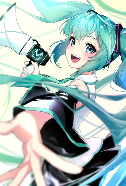 Anime picture 2192x3228 with vocaloid hatsune miku omagacchu single tall image blush fringe highres open mouth hair between eyes twintails looking away very long hair :d aqua eyes aqua hair outstretched arm girl detached sleeves necktie