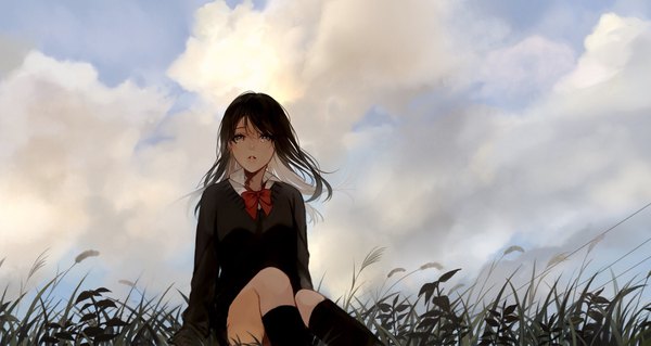 Anime picture 2048x1090 with original mikuro (396) single long hair looking at viewer fringe highres black hair wide image sitting brown eyes sky cloud (clouds) bent knee (knees) outdoors parted lips multicolored hair wind arm support two-tone hair