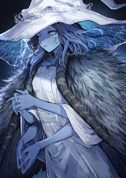 Anime picture 1416x2006 with elden ring ranni the witch mephist single long hair tall image looking at viewer blue hair one eye closed shaded face interlocked fingers blue skin extra arms girl hat cape witch hat
