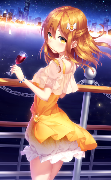 Anime picture 702x1137 with love live! sunshine!! sunrise (studio) love live! kunikida hanamaru kyouou ena single long hair tall image looking at viewer blush fringe hair between eyes brown hair standing holding yellow eyes outdoors looking back wind from behind