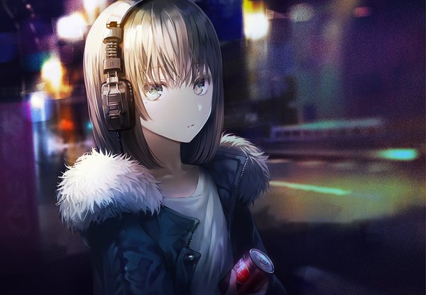 Anime picture 1300x901 with original tlla (artist) single looking at viewer fringe short hair hair between eyes brown hair upper body parted lips mole open jacket depth of field fur trim mole under eye silver eyes city lights girl jacket headphones