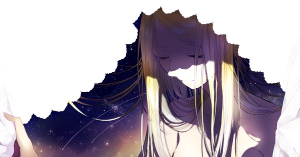 Anime picture 5500x2893 with original sogawa single long hair highres blonde hair wide image bare shoulders holding absurdres upper body eyes closed head tilt night night sky light shaded face white skin double exposure girl