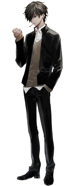 イラスト 1552x3928 と オリジナル b.b. ソロ 長身像 前髪 短い髪 simple background 茶色の髪 立つ 白背景 全身 片目隠れ hand in pocket smoking 男性 シガレット