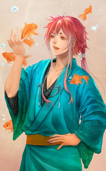 Anime picture 768x1229 with original marimari999 single long hair tall image fringe open mouth hair between eyes yellow eyes payot looking away pink hair upper body braid (braids) traditional clothes japanese clothes arm up wide sleeves hand on hip eyebrows