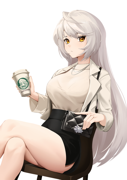 Anime picture 2894x4093 with counter:side starbucks hilde (counter:side) chloe starseeker ett single long hair tall image looking at viewer fringe highres breasts simple background large breasts white background sitting holding yellow eyes white hair alternate costume