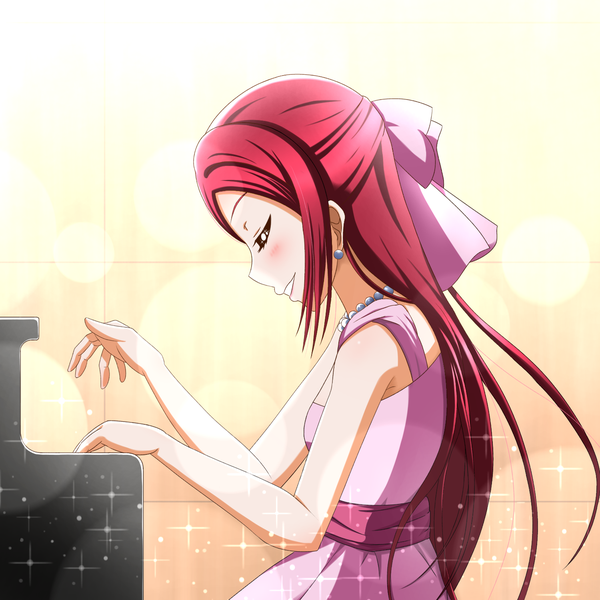 Anime picture 1500x1500 with love live! sunshine!! sunrise (studio) love live! sakurauchi riko buson0120 single long hair blush payot upper body red hair eyes closed parted lips profile sparkle lens flare half updo playing instrument girl dress