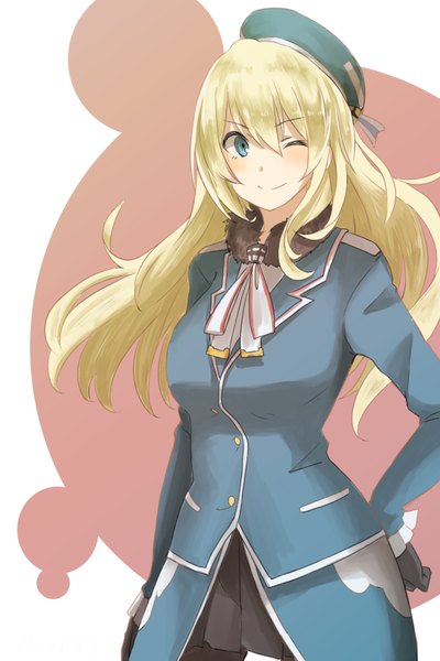 Anime picture 1084x1625 with kantai collection atago heavy cruiser tsukamoto minori single long hair tall image blush blue eyes blonde hair smile looking away one eye closed wink hand on hip girl beret