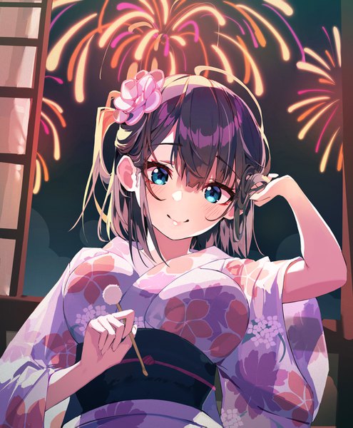 Anime picture 2480x3006 with original munseonghwa single tall image looking at viewer blush fringe highres short hair breasts blue eyes black hair hair between eyes holding upper body ahoge traditional clothes japanese clothes arm up night