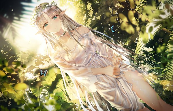 Anime picture 4500x2894 with original junpaku karen single long hair looking at viewer blush fringe highres breasts standing bare shoulders green eyes signed payot absurdres silver hair outdoors blunt bangs long sleeves parted lips