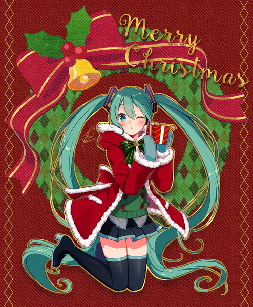Anime picture 1680x2040 with vocaloid hatsune miku asagao minoru single tall image looking at viewer blush fringe hair between eyes twintails holding full body very long hair one eye closed aqua eyes aqua hair high heels christmas merry christmas girl