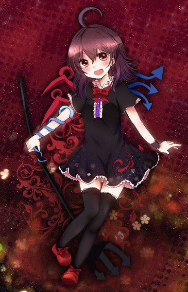 Anime picture 1333x2062 with touhou houjuu nue shromann (artist) tall image blush short hair open mouth black hair red eyes ahoge girl thighhighs dress black thighhighs wings snake trident