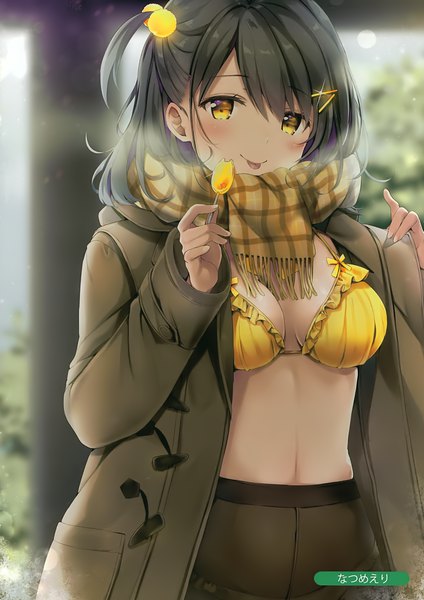 Anime picture 2476x3500 with melonbooks natsume eri single tall image looking at viewer highres short hair breasts light erotic black hair signed yellow eyes scan open clothes sparkle one side up swimsuit under clothes girl swimsuit bikini