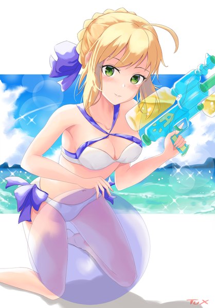 Anime picture 1200x1723 with fate (series) fate/grand order artoria pendragon (all) artoria pendragon (swimsuit archer) (fate) tuanxuan998 single tall image looking at viewer blush fringe short hair breasts light erotic blonde hair bare shoulders holding green eyes signed sky cleavage
