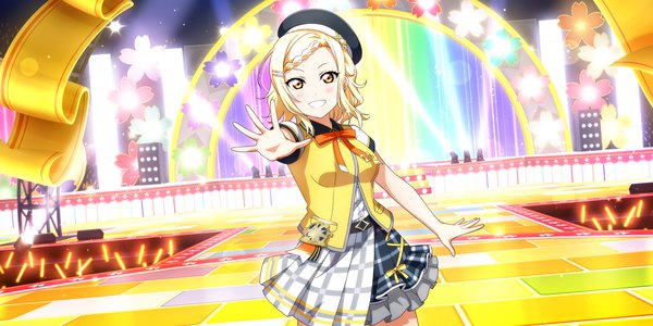 Anime picture 3600x1800 with love live! nijigasaki high school idol club sunrise (studio) love live! miyashita ai single looking at viewer blush fringe highres short hair blonde hair smile wide image standing yellow eyes braid (braids) official art short sleeves grin outstretched arm