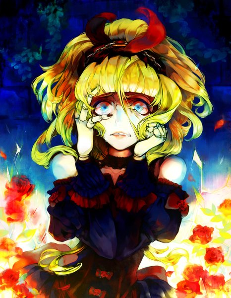 Anime picture 1166x1499 with sound horizon elisabeth von wettin yukizen single tall image blue eyes blonde hair bare shoulders nail polish tears crying girl dress bow petals rose (roses) doll (dolls)