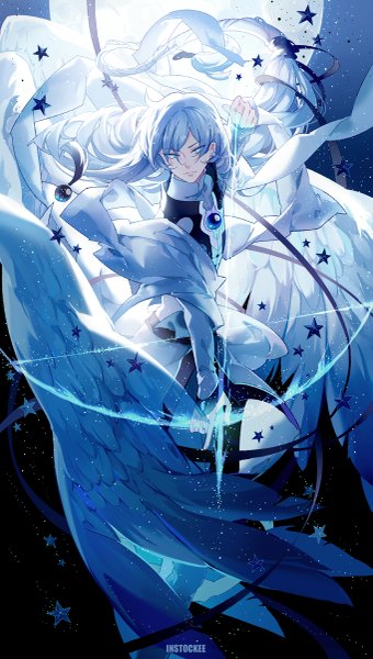 Anime picture 681x1200 with card captor sakura clamp yue (cardcaptor sakura) instockee single tall image holding silver hair very long hair from above night night sky dark background angel wings silver eyes white wings serious archery boy ribbon (ribbons)
