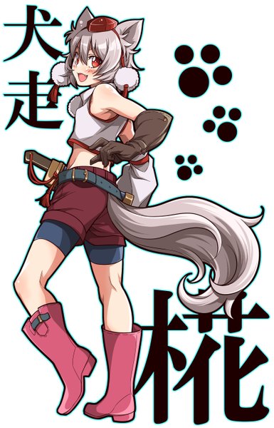 Anime picture 1800x2800 with touhou inubashiri momiji uousa single tall image looking at viewer blush highres short hair open mouth red eyes bare shoulders silver hair looking back hieroglyph wolf ears wolf tail girl gloves elbow gloves