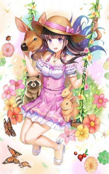 Anime picture 631x1000 with ipass (yi ka tong) xiao pa qian wu atai single long hair tall image looking at viewer blush fringe open mouth black hair smile sitting purple eyes bare shoulders full body bent knee (knees) blunt bangs :d official art